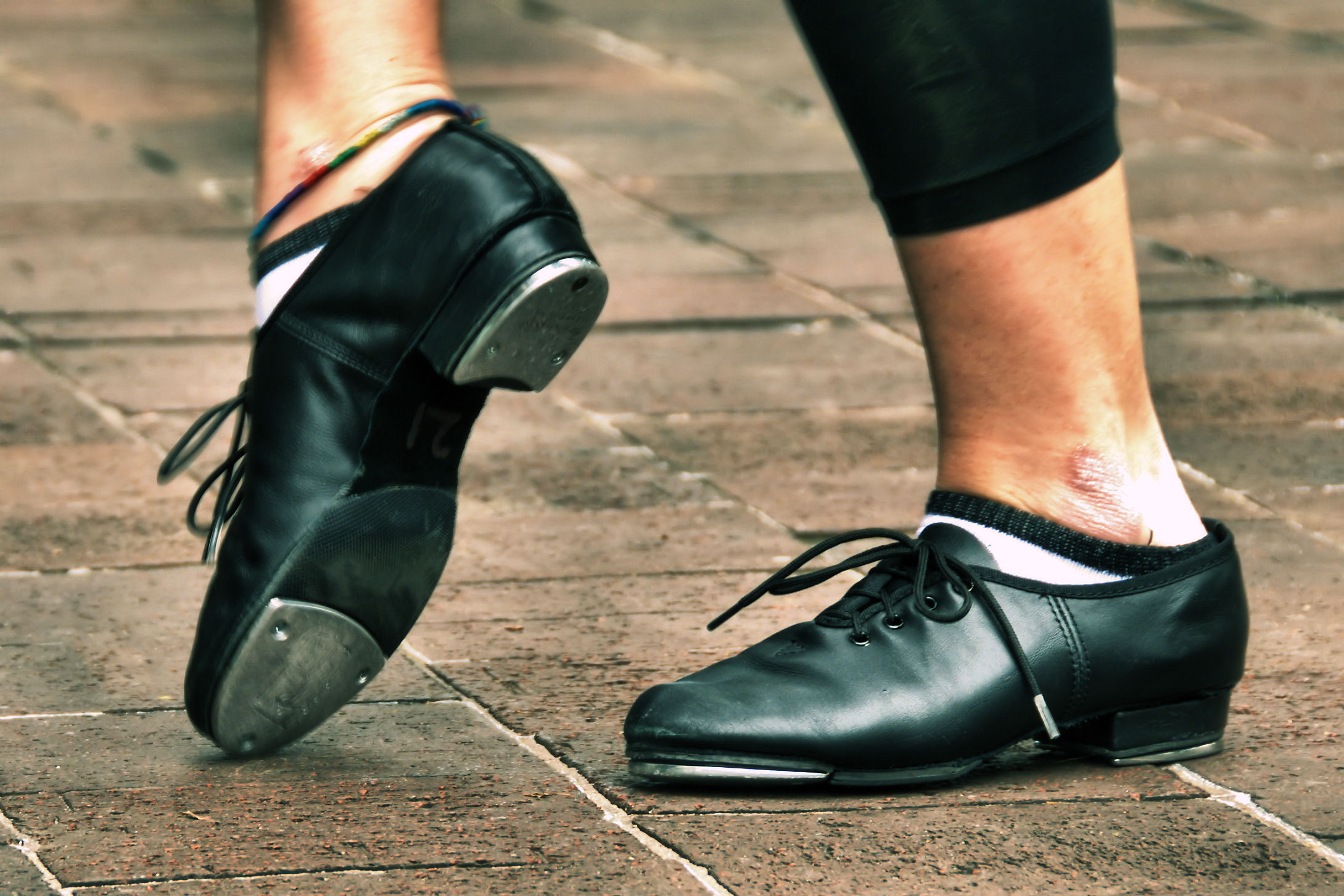 Close up of classic tap dancing shoes rhythm position